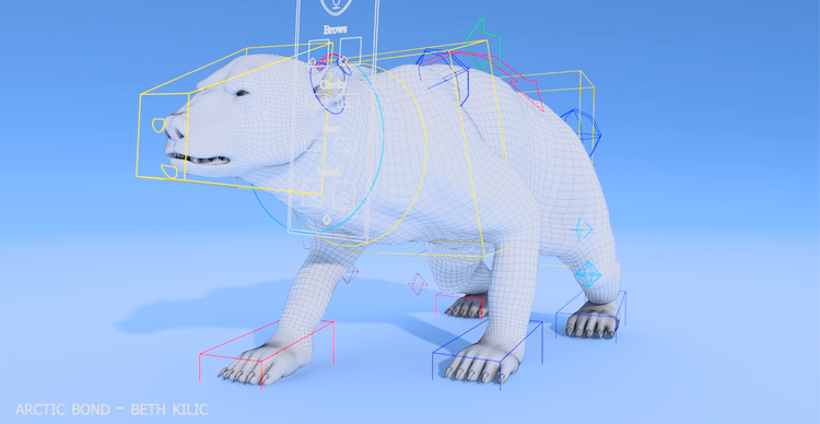 Carousel showing the stages of a 3D bear model, from basic forms to detailed finished geometry.