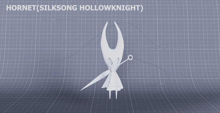 Carousel featuring two 3D character modeling examples: a detailed robot character and Hornet from Hollow Knight: Silksong.
