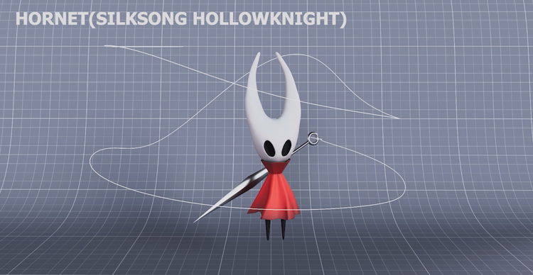 Carousel featuring two 3D character modeling examples: a detailed robot character and Hornet from Hollow Knight: Silksong.