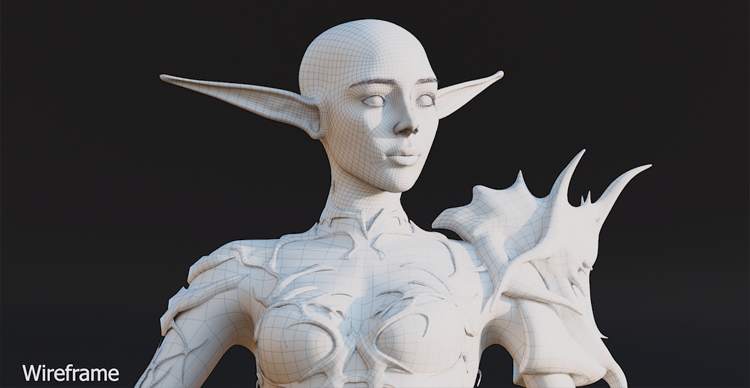 Carousel showing the stages of a 3D mythical female character model, from early forms to detailed final geometry.