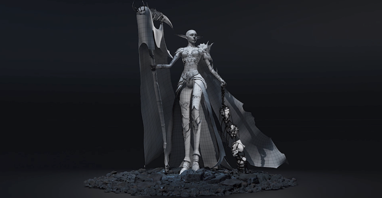 Carousel showing the stages of a 3D mythical female character model, from early forms to detailed final geometry.