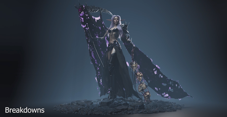 Carousel showing the stages of a 3D mythical female character model, from early forms to detailed final geometry.