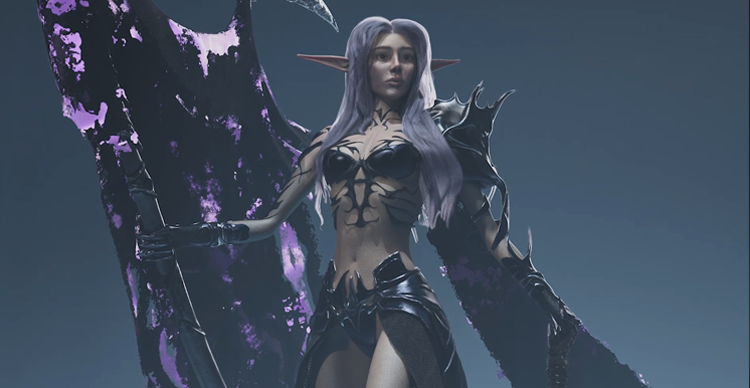 Carousel showing the stages of a 3D mythical female character model, from early forms to detailed final geometry.