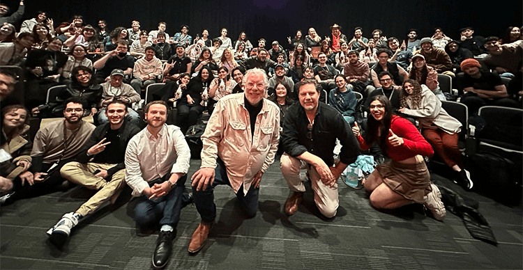 Keith Blackmore alongside Klaus director Sergio Pablos during an on-campus lecture at Vancouver Film School.