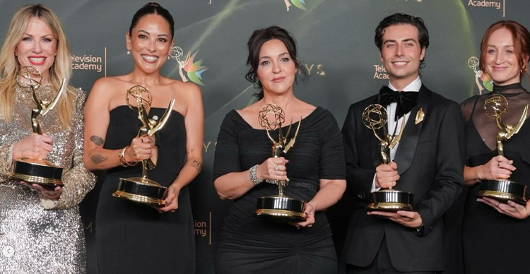 Vancouver Film School Makeup Design alum Rory Gaudio with the Palm Royale production makeup team accepting their Emmy. 