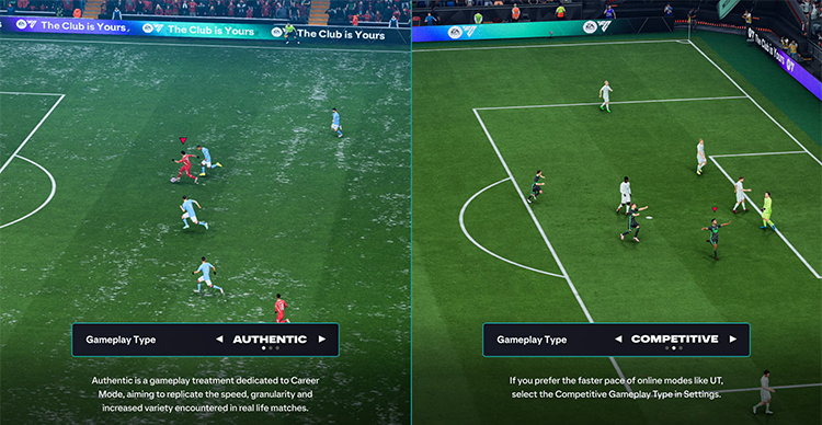 EA SPORTS FC 26 gameplay comparison showing Authentic and Competitive gameplay modes side by side.